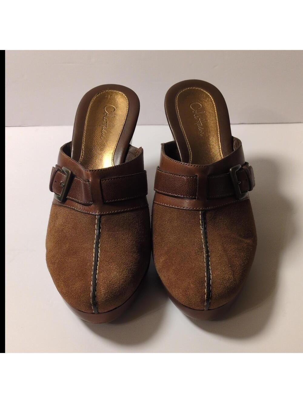 Cole Haan Brown Leather Suede Buckle Block Heel Closed Toe Mules Women's Sz 9